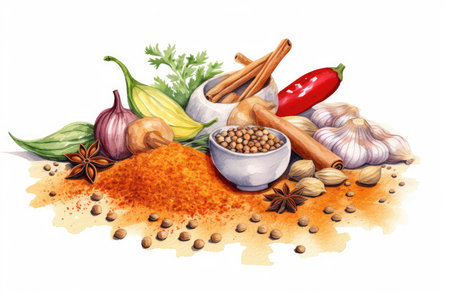 Spices and herbs on a white background. Watercolor illustration.の素材
