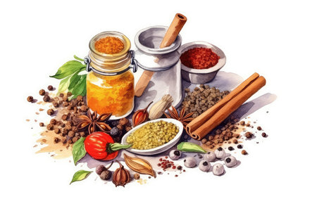 Spices and herbs on white background. Hand drawn watercolor illustrationの素材