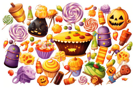 Halloween sweets and candies cartoon icons set isolated vector illustration.の素材