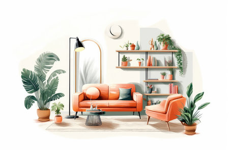 Modern living room interior with sofa, coffee table and plants. Vector illustration.の素材