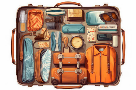 Suitcase full of travel items isolated on white background. Vector illustration.の素材