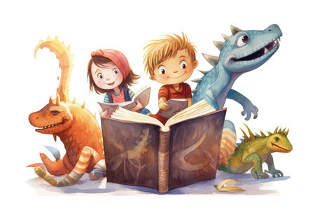 Children read a book and dinosaurs on a white background. Illustrationの素材