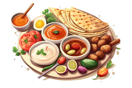 Vector illustration of different types of hummus, ketchup and mayonnaise in bowls.の素材