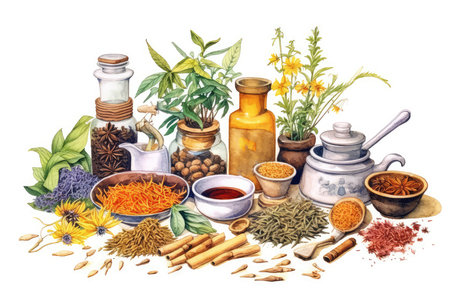 Herbs and spices. Hand drawn watercolor illustration isolated on white backgroundの素材