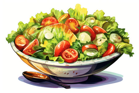 Illustration of a bowl of fresh salad with tomatoes and cucumbersの素材