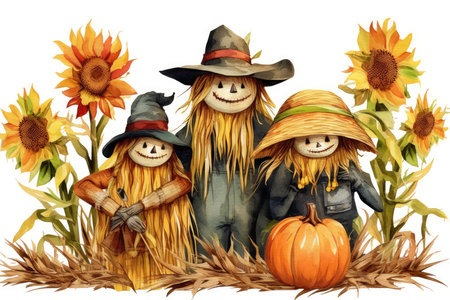 Halloween witch family with pumpkins and sunflowers isolated on white backgroundの素材