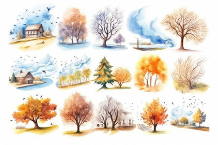 Set of watercolor autumn trees. Hand drawn illustration isolated on white backgroundの素材