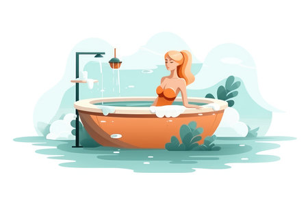 Young woman in bathtub. Vector illustration in flat cartoon style.の素材
