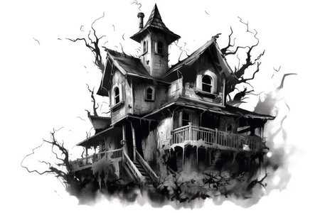 Black and white image of a haunted house with a dead tree on a white backgroundの素材