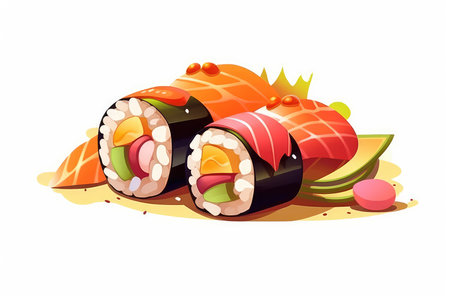 Illustration of Sushi roll with salmon, eel, avocado, cucumber and mayonnaiseの素材
