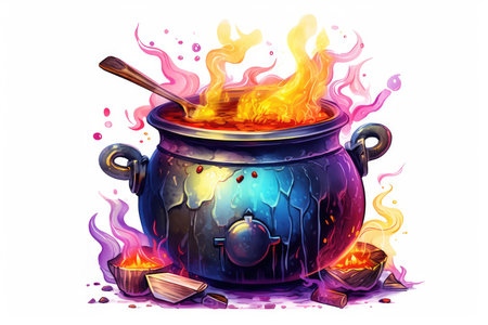 Witch cauldron with wooden spoon on fire. Vector illustration.の素材