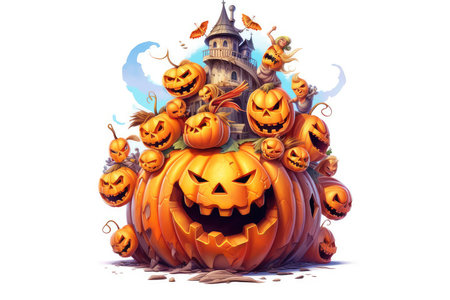 Halloween pumpkins with castle on the background. Vector illustration.の素材