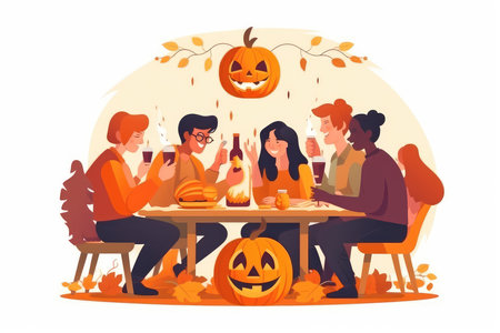 Halloween party flat vector illustration. Cartoon happy friends sitting at table with pumpkin jack o lantern, drinking beer, eating snacks. Holiday celebration conceptの素材