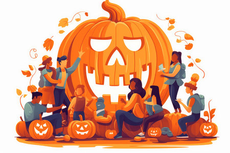 Halloween party, group of people with carved pumpkins vector illustrationの素材