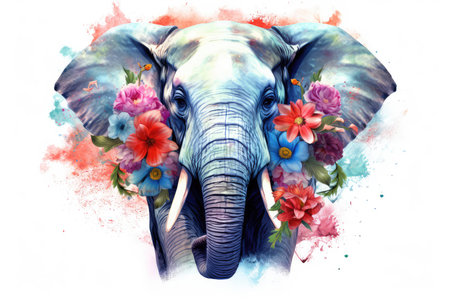 Elephant with flowers. Digital watercolor painting on white background.の素材