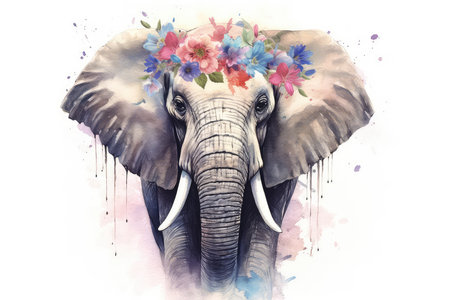 Watercolor portrait of an elephant with flowers in his head. Digital painting.の素材