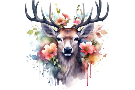Watercolor portrait of a deer in a wreath of flowers.の素材