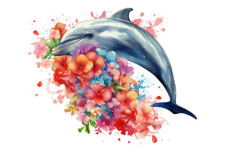 Beautiful watercolor illustration of a dolphin with flowers on a white backgroundの素材