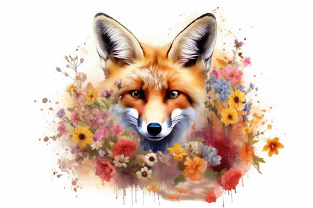 Watercolor portrait of a fox with wildflowers on a white backgroundの素材
