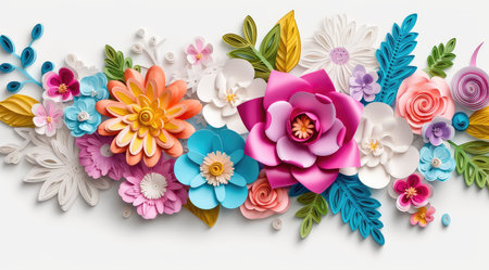 Paper flowers on white background, top view. 3d illustration.の素材