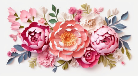 Paper flowers on white background. Floral background. Flat lay, top view.の素材