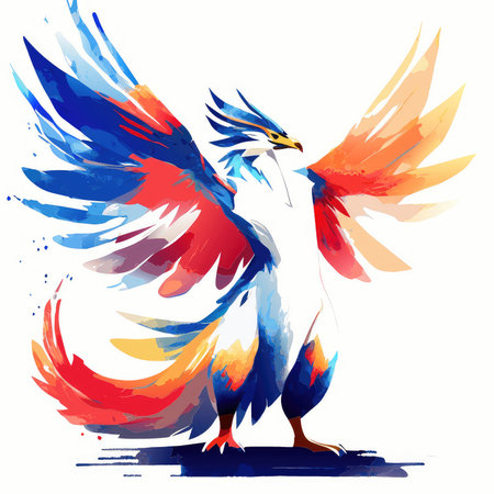 Illustration of a rooster with colorful wings on a white backgroundの素材