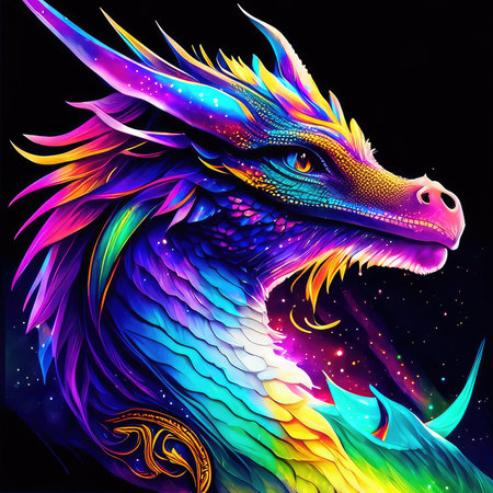 Colorful dragon head with abstract background. Psychedelic fantasy illustration.の素材