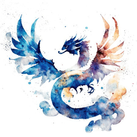 Watercolor dragon with wings. Hand drawn illustration isolated on white background.の素材