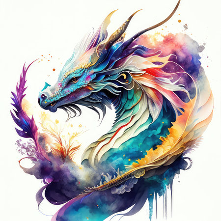 Colorful dragon on a white background. Watercolor painting. Vector illustration.の素材