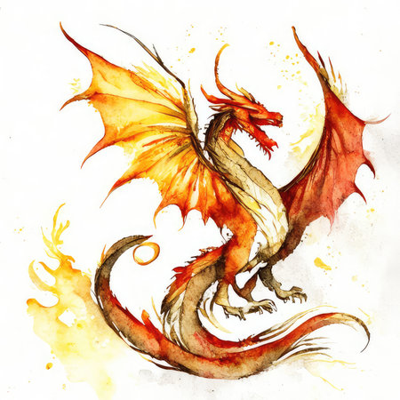 Watercolor dragon isolated on white background. Hand drawn watercolor illustrationの素材