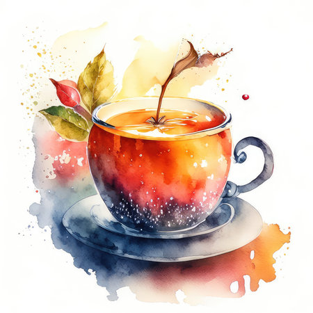 Watercolor illustration of cup of tea with autumn leaves and splashesの素材
