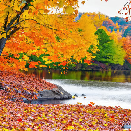 Autumn landscape with colorful leaves on the bank of the river.の素材