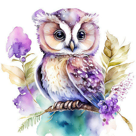 Beautiful vector image with nice watercolor illustration of owl and flowersの素材