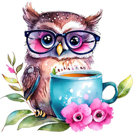 Cute watercolor owl in glasses with cup of tea and flowers.の素材