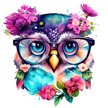 Cute cartoon owl with glasses and flowers. Hand drawn illustration.の素材