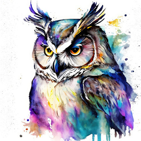 Watercolor painting of an owl. Hand-drawn illustration on a white background.の素材