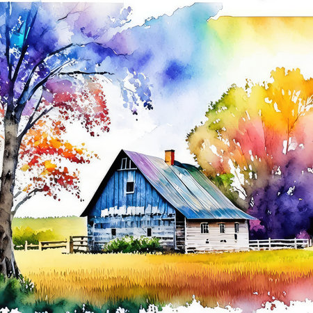 Watercolor landscape with old farm house in autumn. Hand drawn illustrationの素材