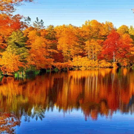 Autumn forest reflected in the lake. Beautiful landscape with colorful trees.の素材