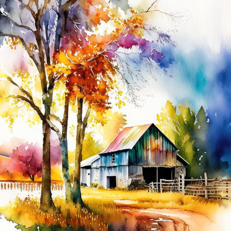 Watercolor autumn landscape with old wooden barn and trees. Watercolor illustrationの素材