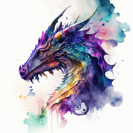 Watercolor dragon on white background. Digital art painting. Vector illustration.の素材