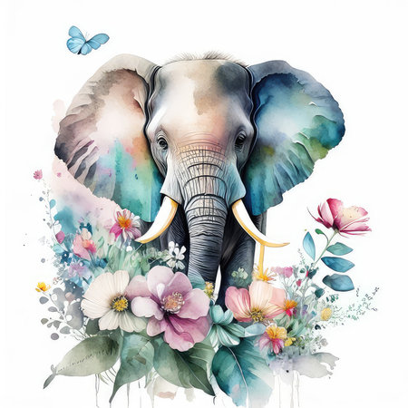 Watercolor illustration of an elephant with flowers and butterflies, isolated on white backgroundの素材