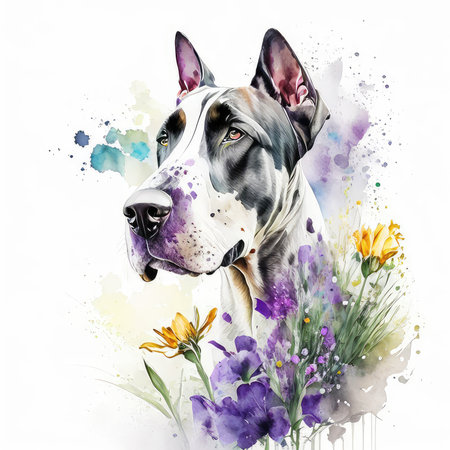 Watercolor portrait of a dog with flowers and blots on a white backgroundの素材