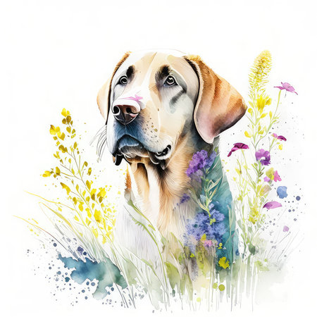 Watercolor portrait of labrador retriever with flowers. Hand drawn illustrationの素材