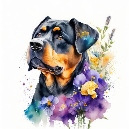Portrait of a Rottweiler with flowers on a white backgroundの素材