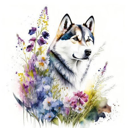 Watercolor portrait of siberian husky with flowers on white backgroundの素材