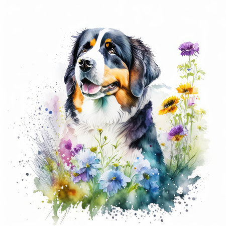 Watercolor portrait of a Bernese mountain dog with flowers. Isolated on white backgroundの素材