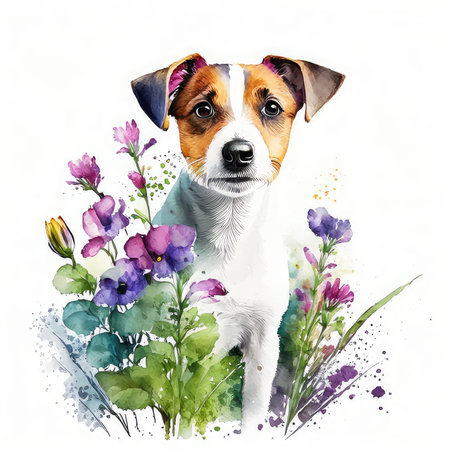 Watercolor portrait of a dog Jack Russell Terrier with flowers.の素材