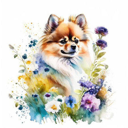 Pomeranian dog with flowers. Watercolor illustration on white backgroundの素材
