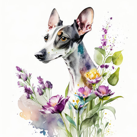 Watercolor portrait of a greyhound with flowers on a white backgroundの素材