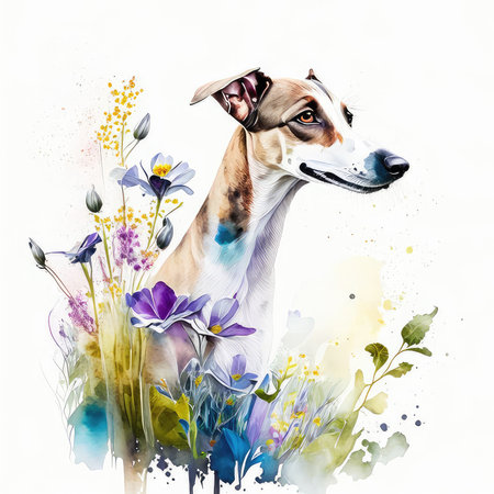 Portrait of a dog with flowers. Digital watercolor painting.の素材